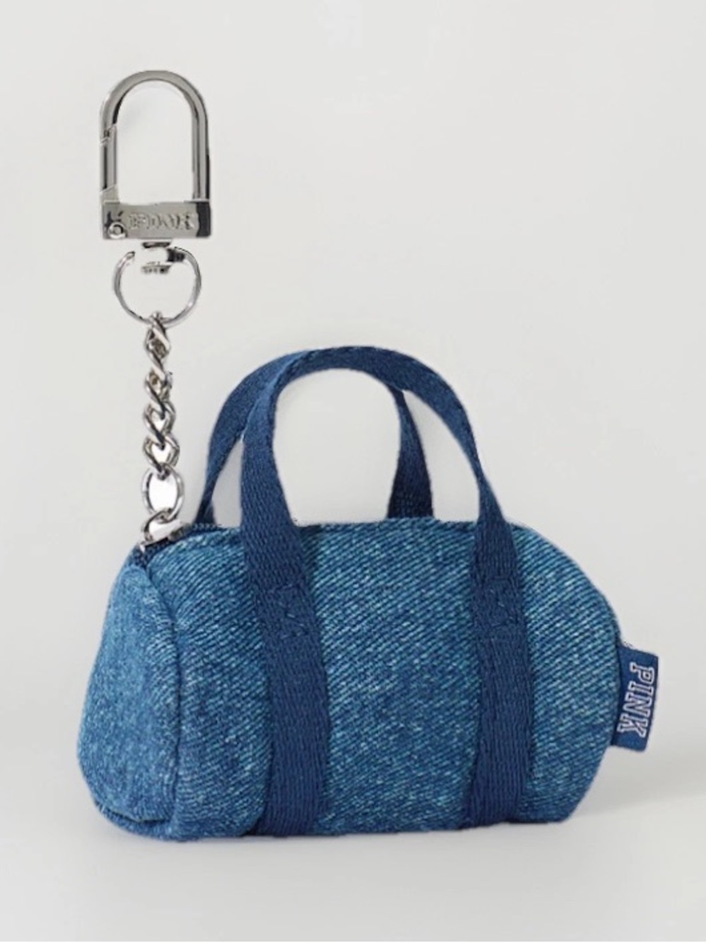 NWT Mini Victoria’s Secret Pink Jean Duffel Bag Keychain Fob Charm Earbud Case